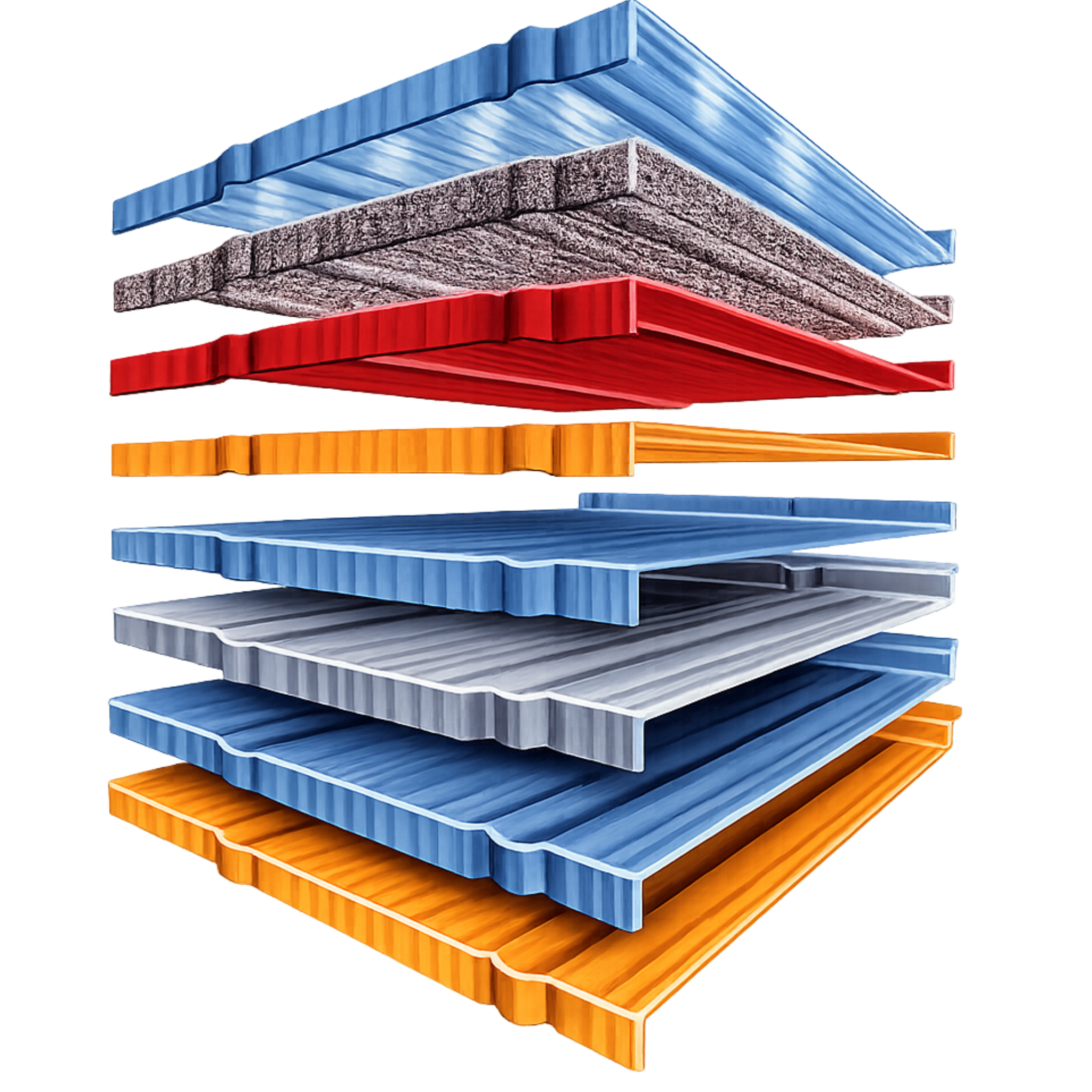 Exploded view of ROOFi stone-coated roofing tile showing all protective layers